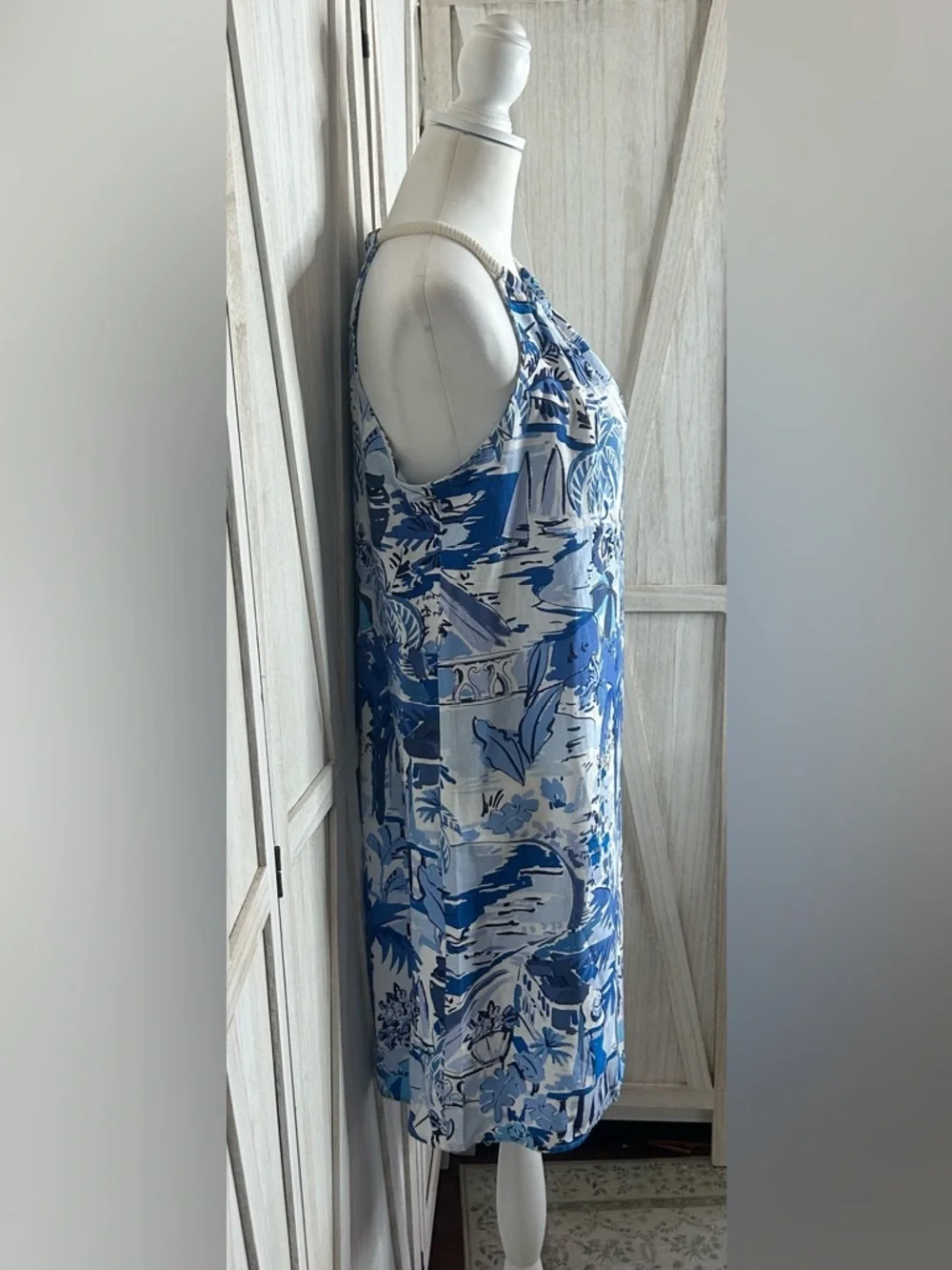 London Times NWT Blue and White Tropical Halter Dress Sz 10 Resortwear Linen